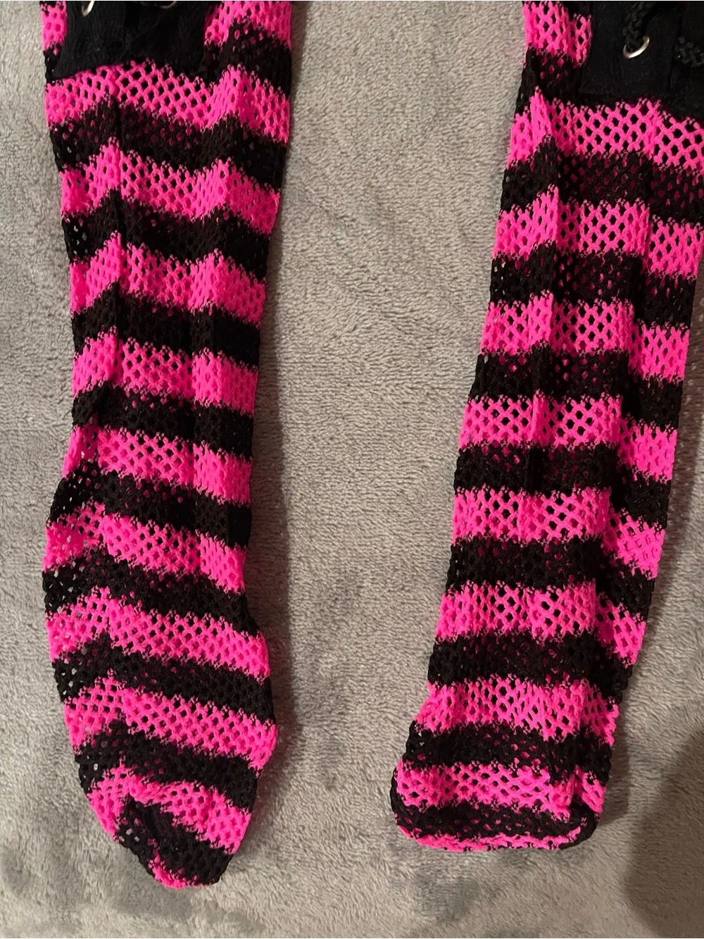 Pink and Black Striped Lace-Up Thigh-High Socks - Halloween Women Accessories